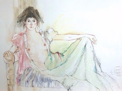 Vintage BOUDOIR POSE Signed Hand Colored Lithograph, Reclining Young Woman, Semi Nude
