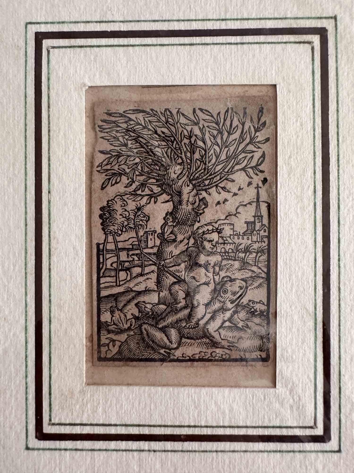 Unknown Figurative Print - Boy Mounted on a Frog - Woodcut Print - 1830s