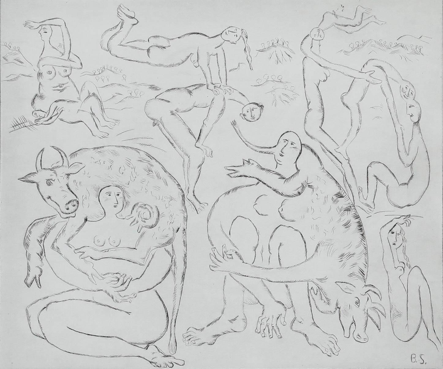 Brigitte Stamm (1927-2006) - Modernist 20th Century Etching, Bovine Balancing - Print by Unknown