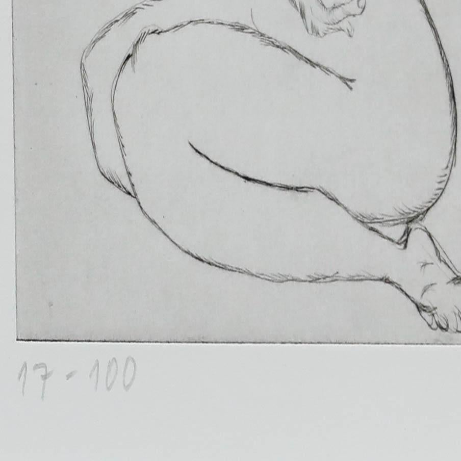 A unique etching by Brigitte Stamm (1927-2006) depicting stylised nude figures and cows. Signed both within the plate and in graphite to the lower right. Numbered 17/100. Smartly presented in a wooden frame. On paper. Image size: 37 x 43cm.