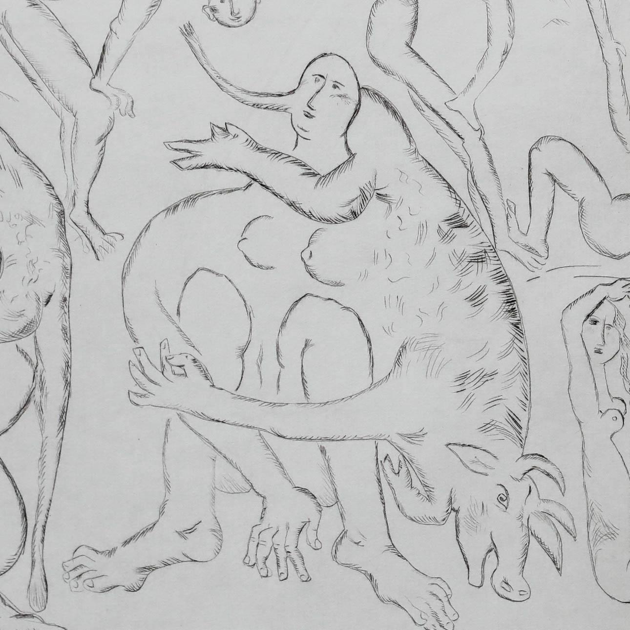 Brigitte Stamm (1927-2006) - Modernist 20th Century Etching, Bovine Balancing For Sale 1