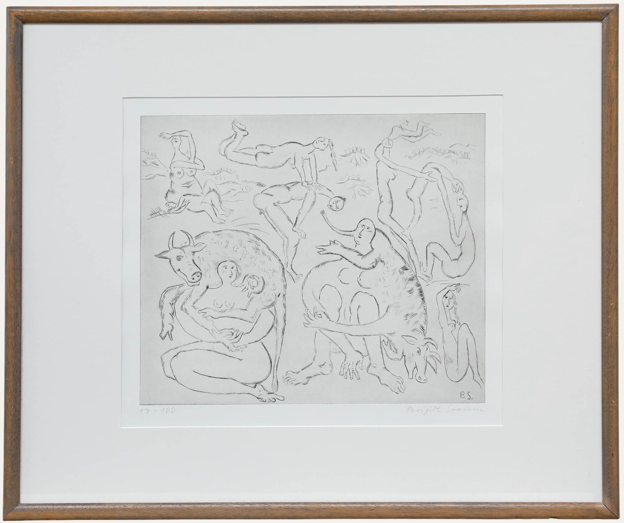 Unknown Nude Print - Brigitte Stamm (1927-2006) - Modernist 20th Century Etching, Bovine Balancing