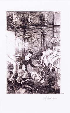 British, early 20th Century etching of a lady serving tea in a theatre