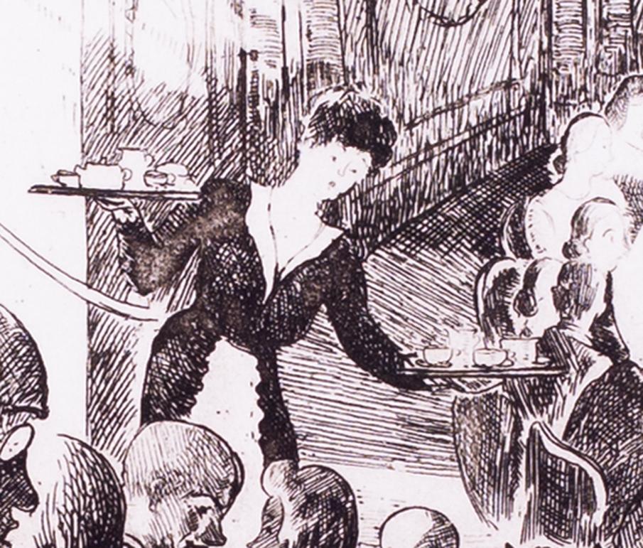 Britisch, frühes 20. Jahrhundert, Radierung einer Dame, die in einem Theater Tee serviert (Art nouveau), Print, von Unknown