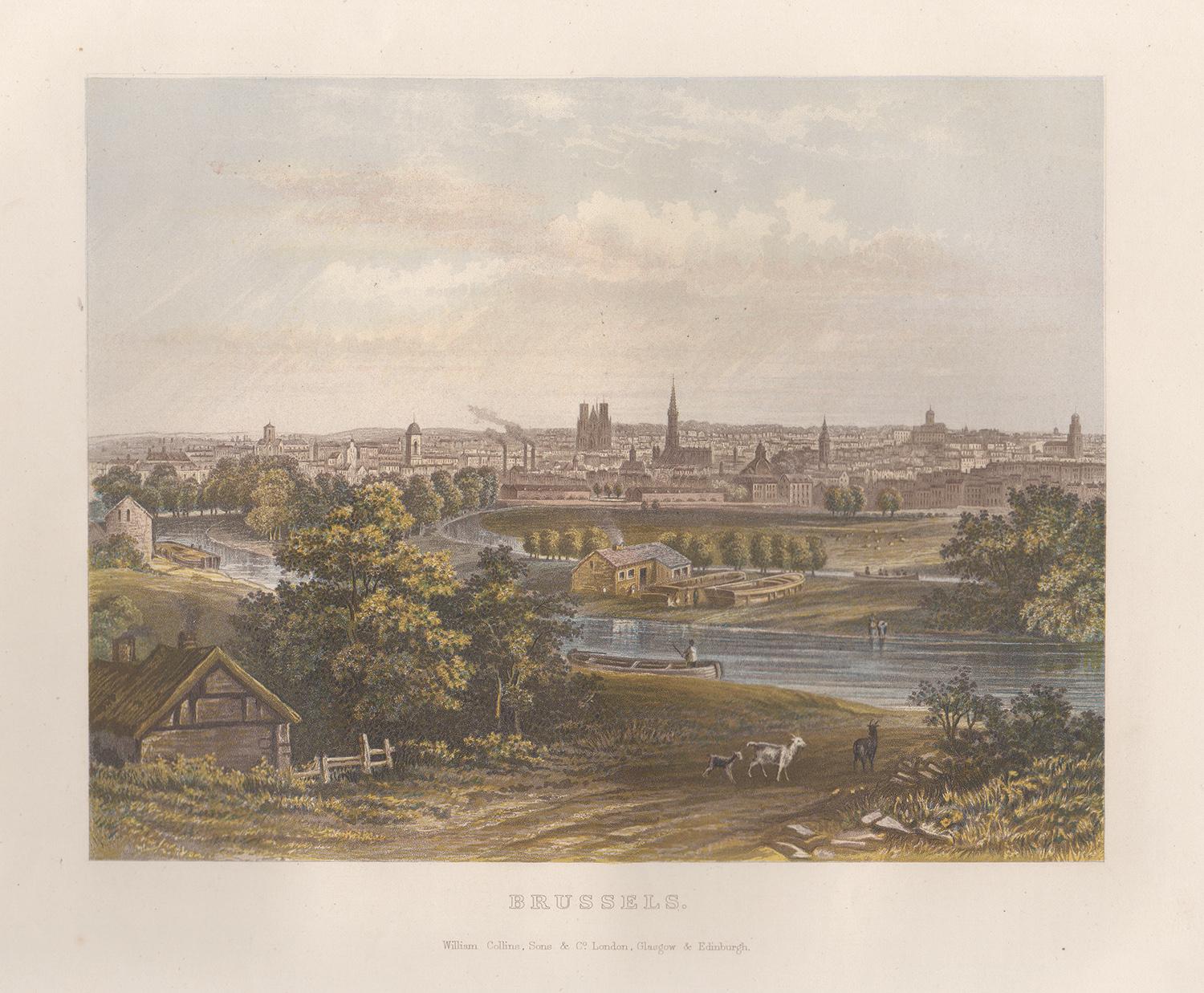 Landscape Print Unknown - Bruxelles, Belgique, vue à l'œil d'oiseau, chromolithographie, vers 1870
