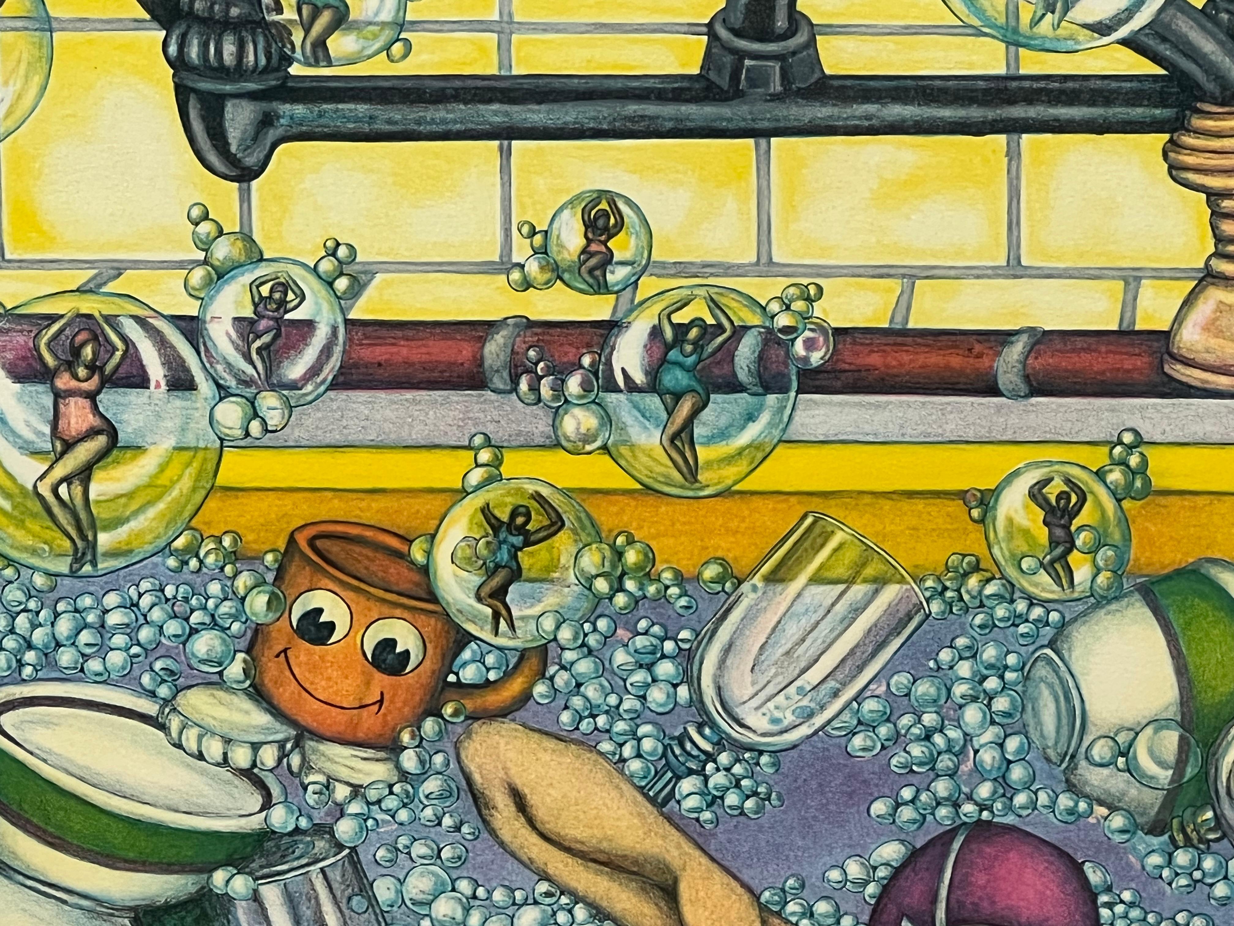 The piece is eligibly signed, numbered, and dated 1988. 
This whimsical 1988 lithograph captures a surreal kitchen scene, filled with unexpected and lighthearted elements. 
A happy delirium in a sink full of dishes and soap bubbles with several