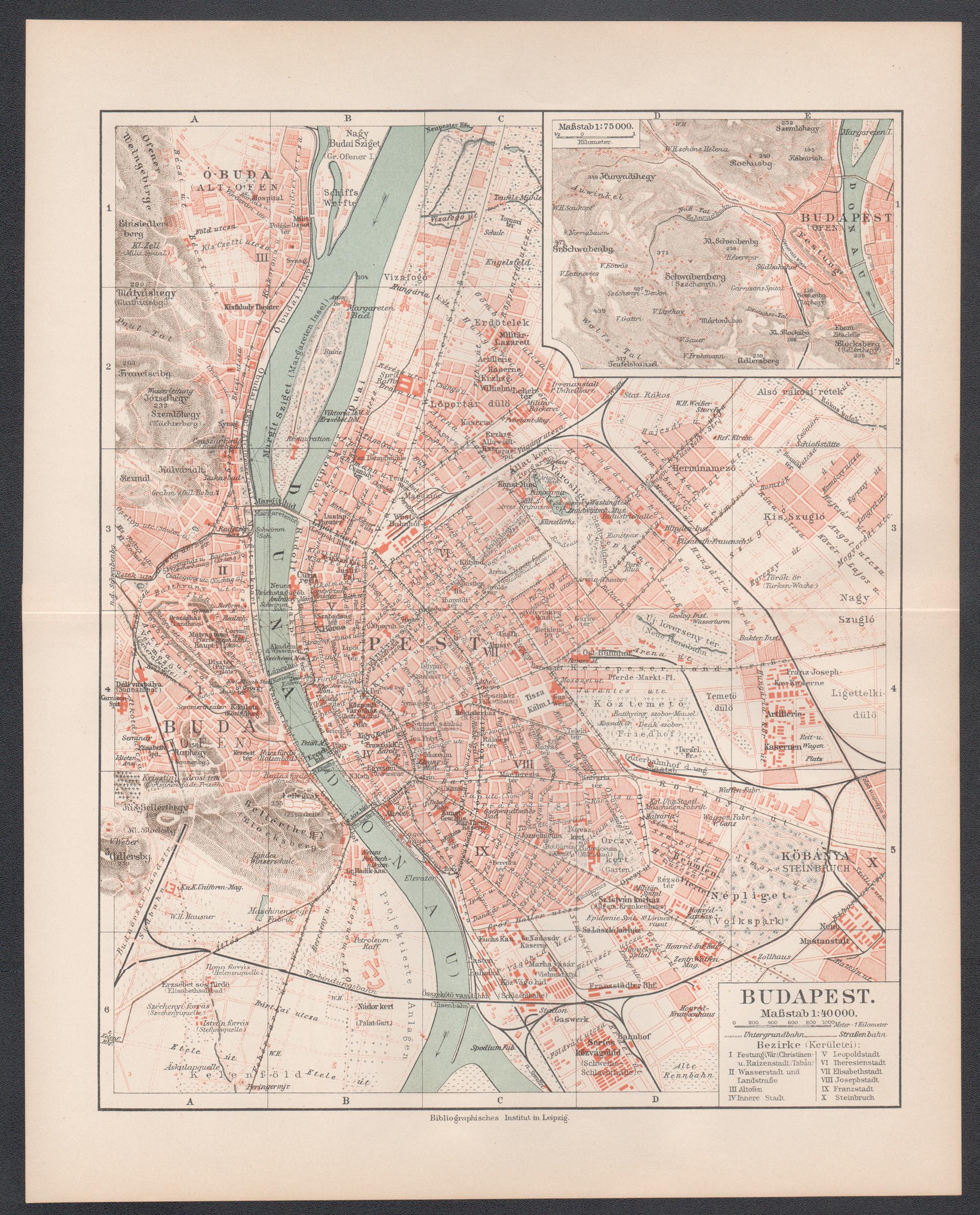 Budapest, Hongrie. Carte ancienne Plan de ville Chromolithographie, circa 1901. - Print de Unknown