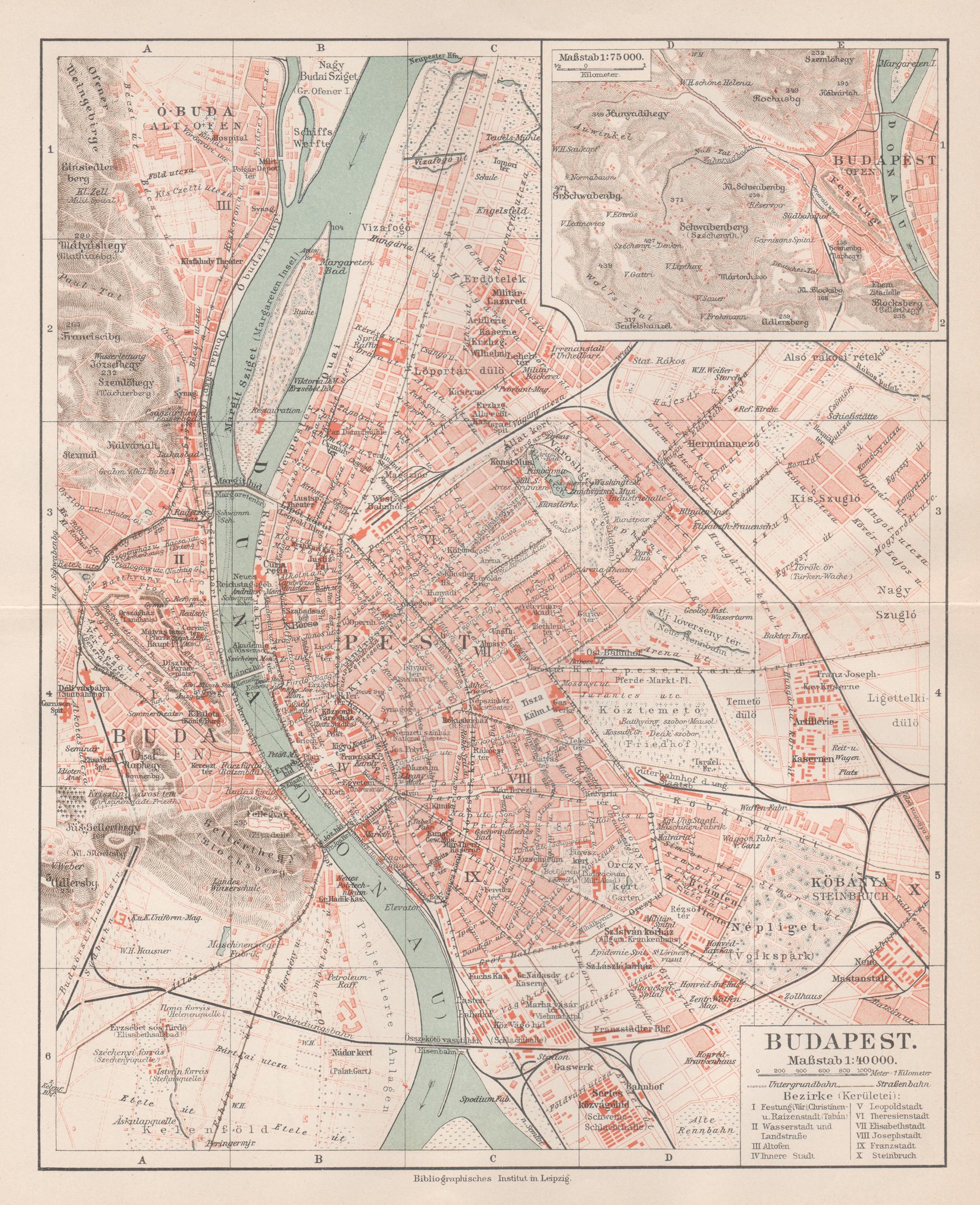 Unknown Print – Budapest, Ungarn. Antike Karte Stadtplan Chromolithographie, ca. 1901.