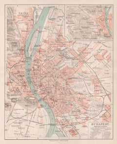 Budapest, Hungary. Antique Map City Plan Chromolithograph, circa 1901.