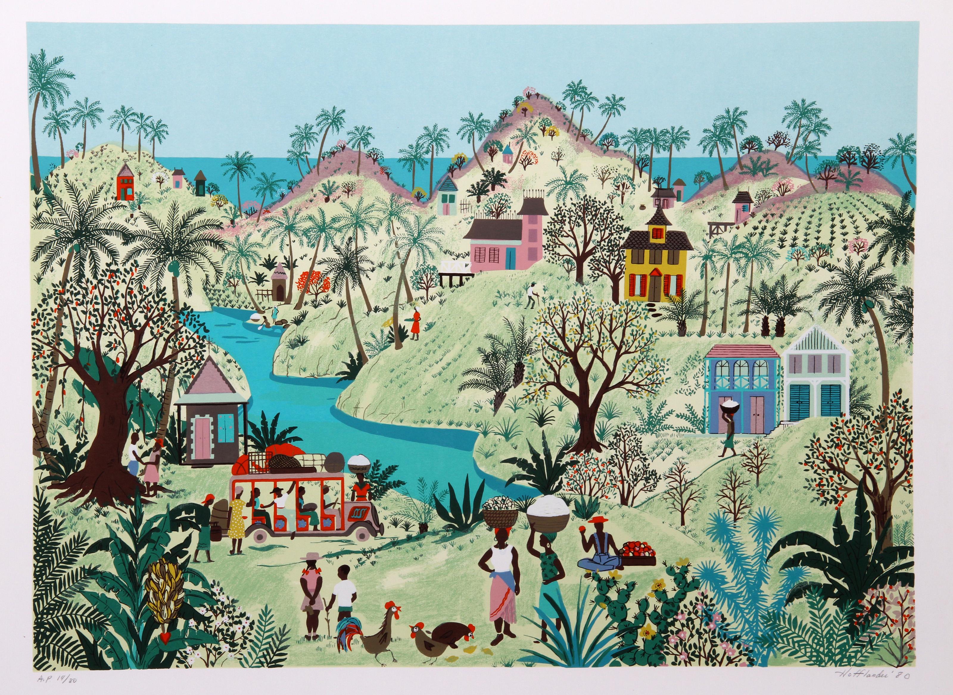Jack Hofflander, estadounidense (1920 - 2003) - Parada de autobús, Año:  1980, Medio:  Serigrafía, Firmada, Fechada y Numerada a Lápiz, Edición:  250, AP 30, Tamaño de la imagen:  22 x 30 pulgadas, Tamaño:  66,04 cm x 86,36 cm, Descripción:  La