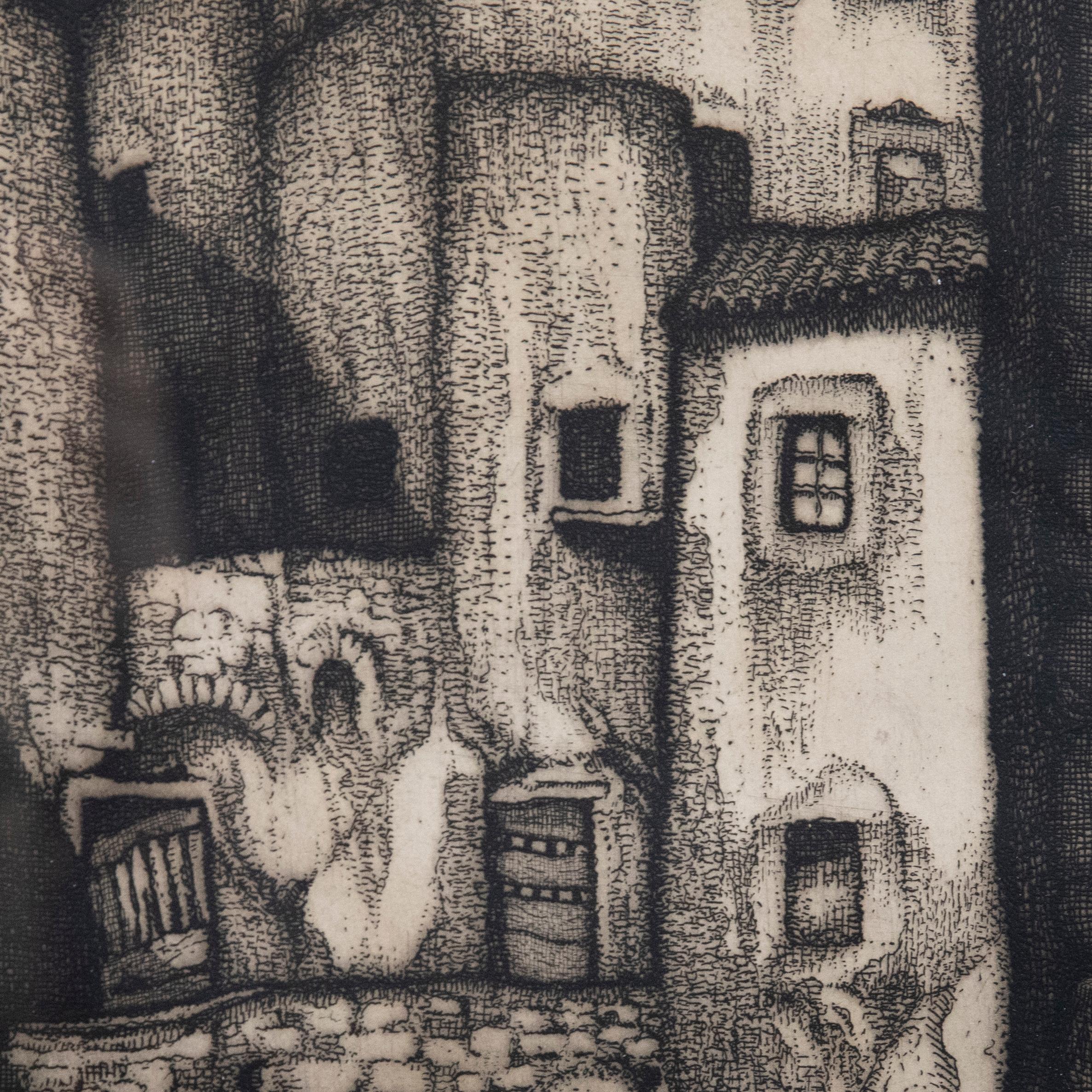 A charming depiction of a cafe in Pitigliano Tuscany. The artist captures. The winding staircases and narrow continental streets in bold, organic forms. Signed illegibly and titled below the pale line. 12/50. On paper. 
