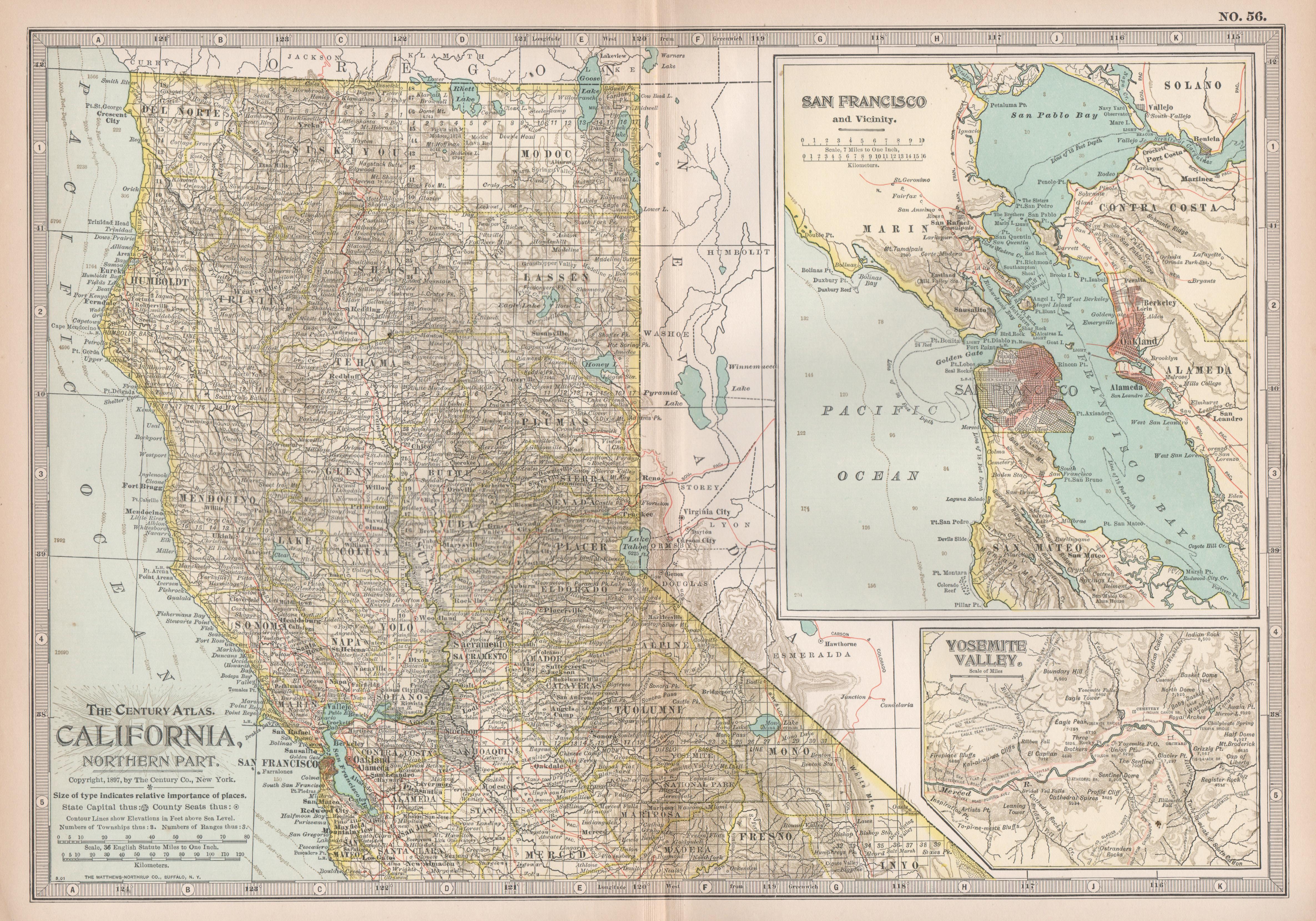 Californie, partie nord. Carte ancienne de l'État Atlas des États-Unis du XXe siècle