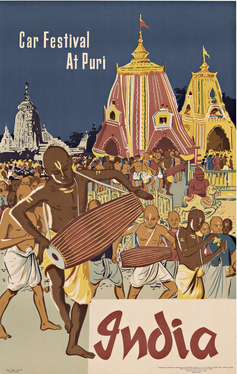 Affiche de voyage vintage originale du Festival des voitures de Puri en Inde