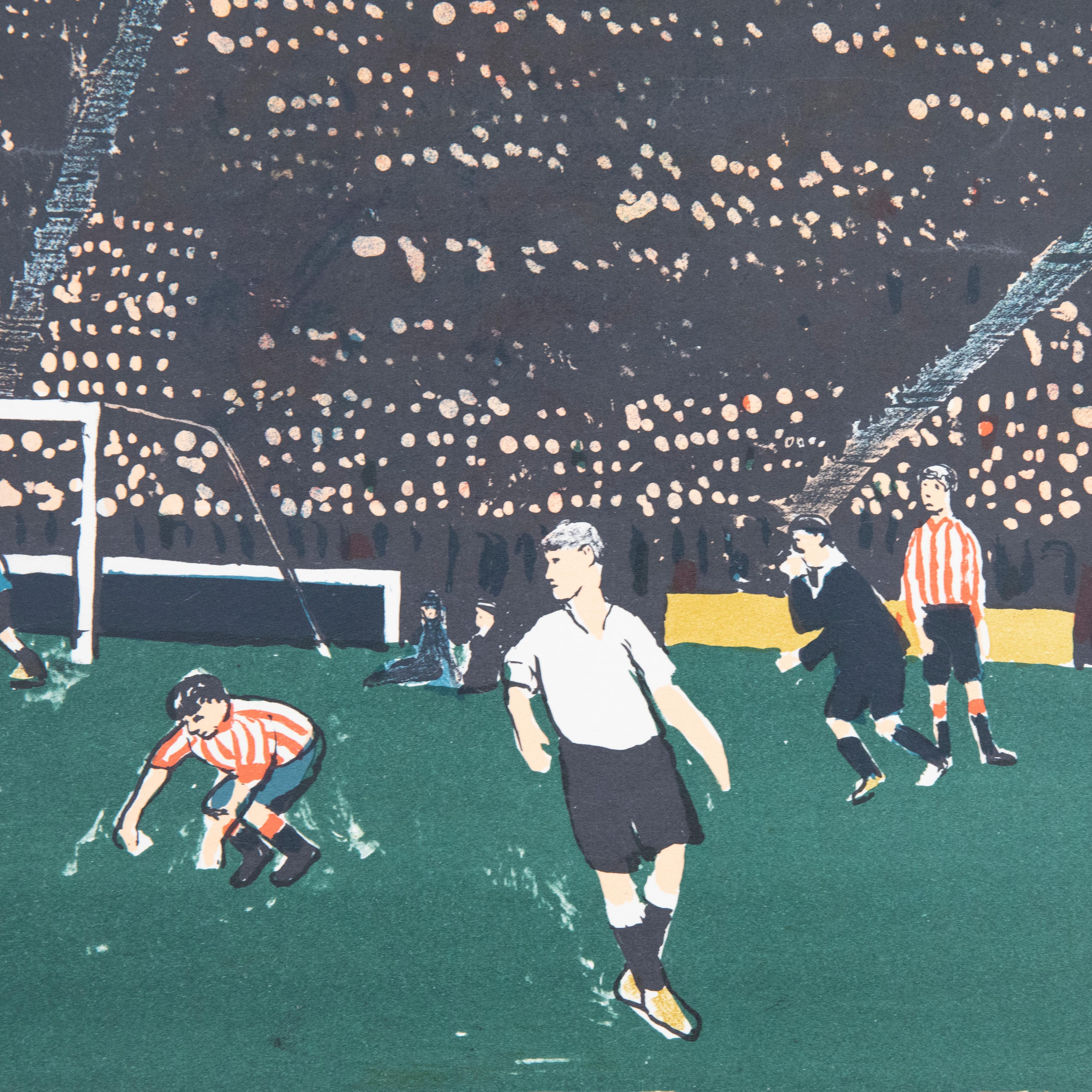 A magnificent mid-century illustration of a football match in the late evening sun. Figures line the upper fences of the stadium and thousands of faces stare out from the stands. Signed in plate. On paper.
