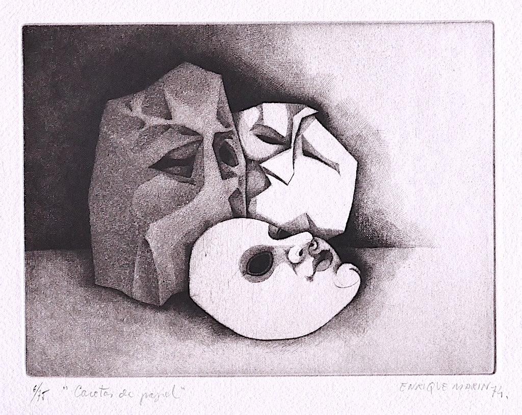 Unknown Still-Life Print - Caretas de Papel 1974s - by Enrique Marin - 1974