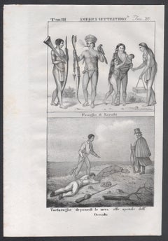Indígenas del Caribe / Orinoco, América, litografía de mediados del siglo XIX.