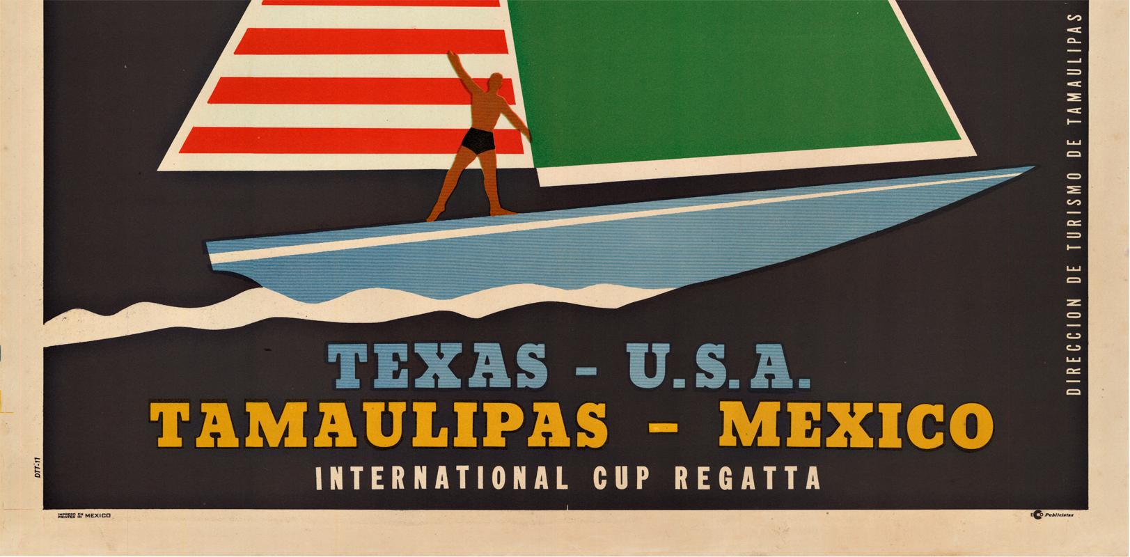 Carrera de Veleros Regata, ein originales Segelplakat im Vintage-Stil:  Carrera de Veleros, Corpus Christi nach Tampico Regata, 17. April.   Texas - U.S.A. nach Tampaulipas, Mexiko.   Internationale Pokalregatta.
Dieses Poster wurde in Mexiko vom