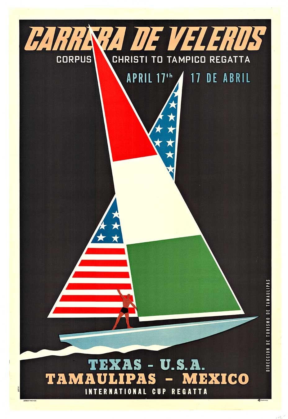 Carrera de Veleros Regata póster original de deportes de vela de época