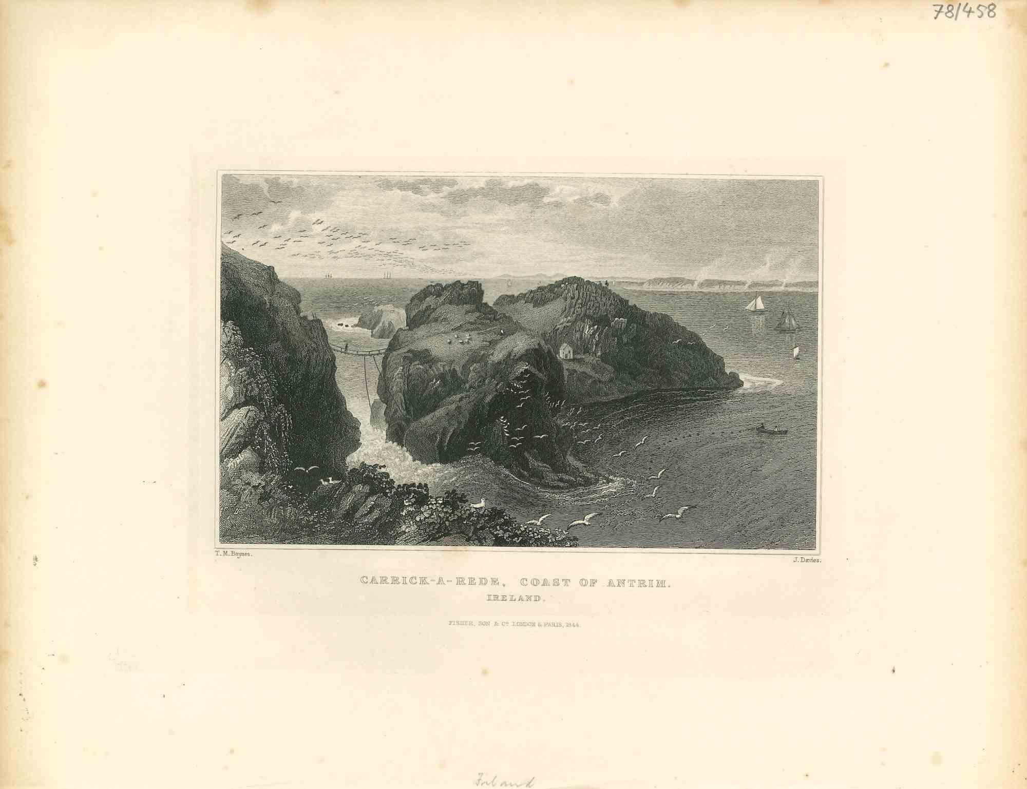 Unknown Landscape Print – Carrick-a-Rede, Küste des Antrims – Originallithographie – Mitte des 19. Jahrhunderts