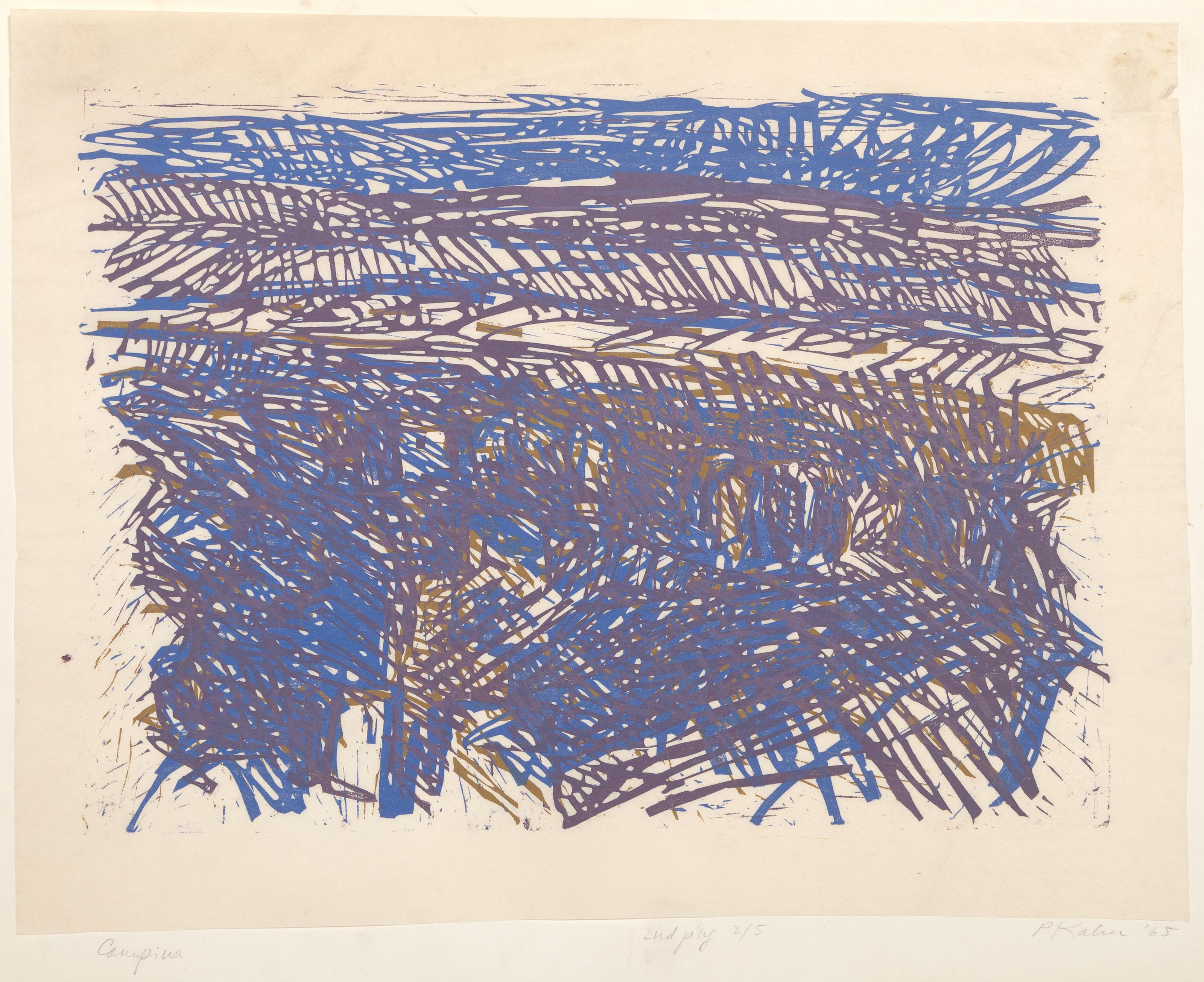 Peter Kalen -  Caupina, Jahr: 1965, Medium: Siebdruck auf dünnem Velin, auf Rives aufgezogen, signiert, betitelt, nummeriert und datiert mit Bleistift, Auflage: 2/5, Bildgröße: 11 x 15,25 Zoll, Größe: 15 x 22 Zoll (38,1 x 55,88 cm) 