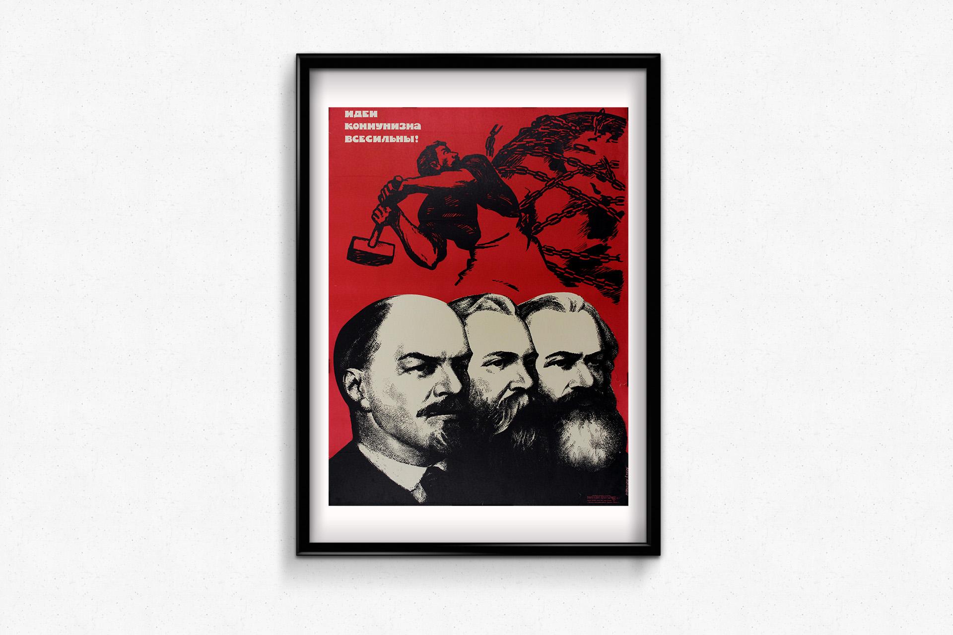 This circa 1960 Soviet propaganda poster is a powerful visual representation of communist ideology, prominently featuring Vladimir Lenin, Friedrich Engels, and Karl Marx—the foundational figures of Marxism-Leninism. Their stoic, determined