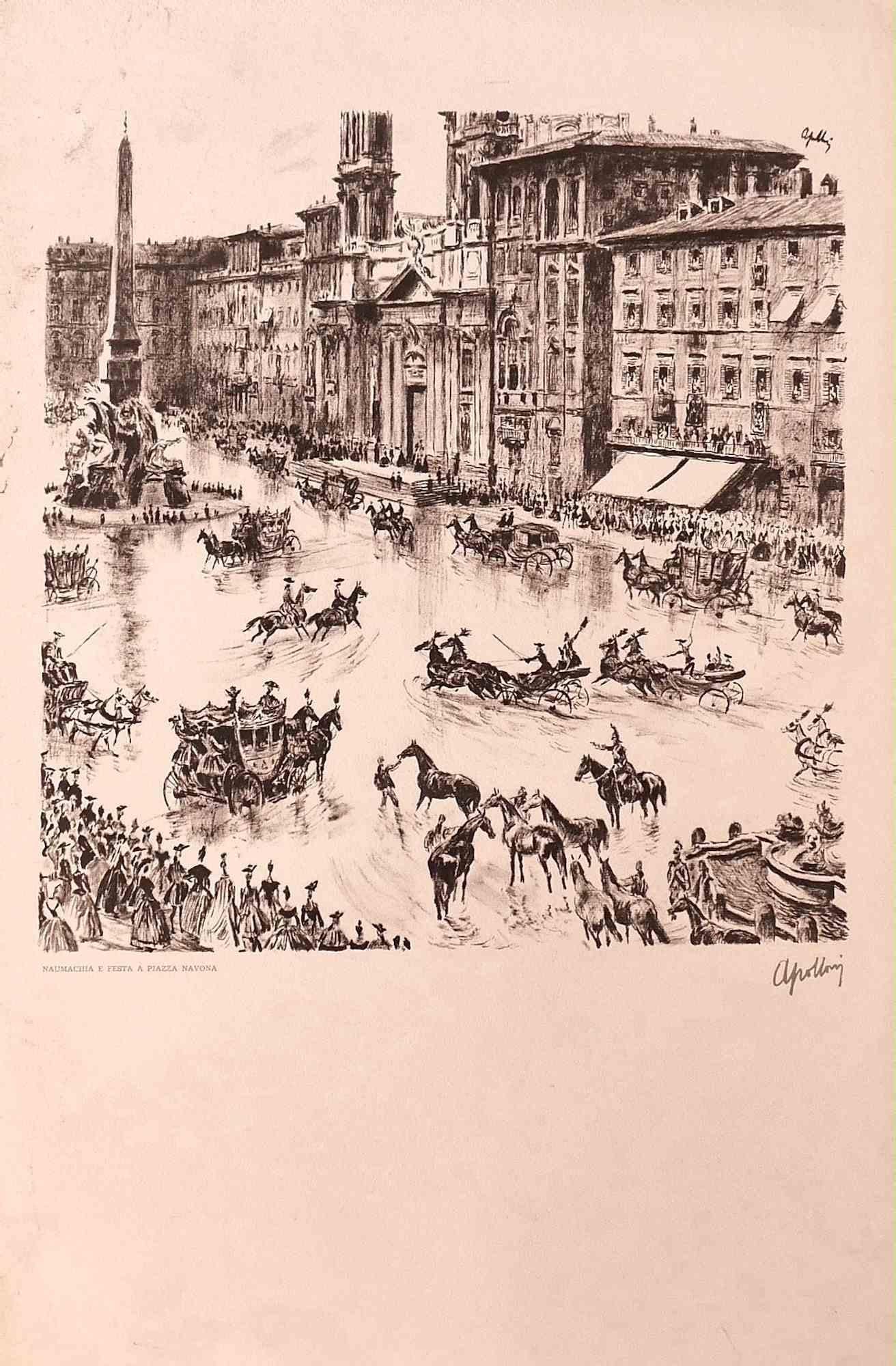 Unknown Figurative Print – Celebrations in Piazza Navona – Lithographie – 20. Jahrhundert