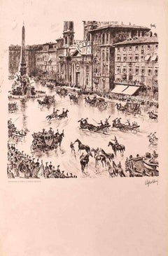 Celebrations in Piazza Navona - Lithograph - 20th century