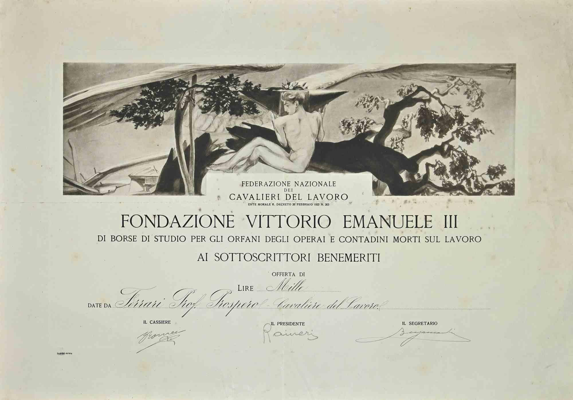 Certificate of the Vittorio Emanuele III Foundation - Original Etching - 1920s