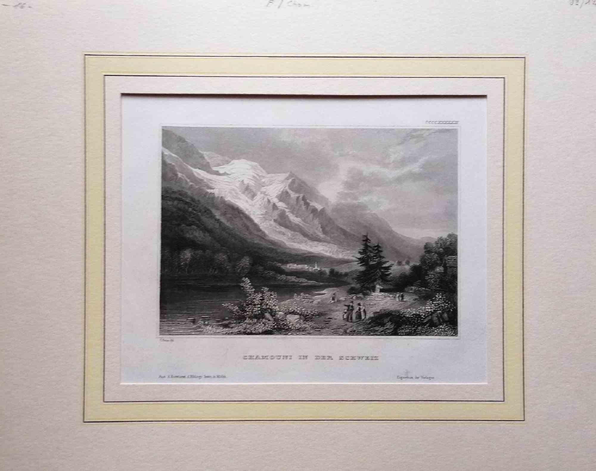 Figurative Print di Unknown - Chamouni in der Schweiz - Litografia originale - Metà del XIX secolo