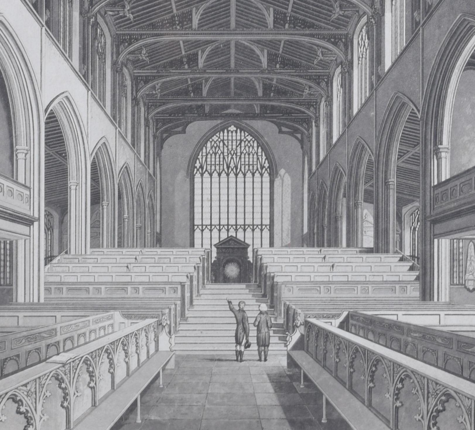Incisione di un interno di cappella del 1800 circa Inglese/Britannico - Print di Unknown