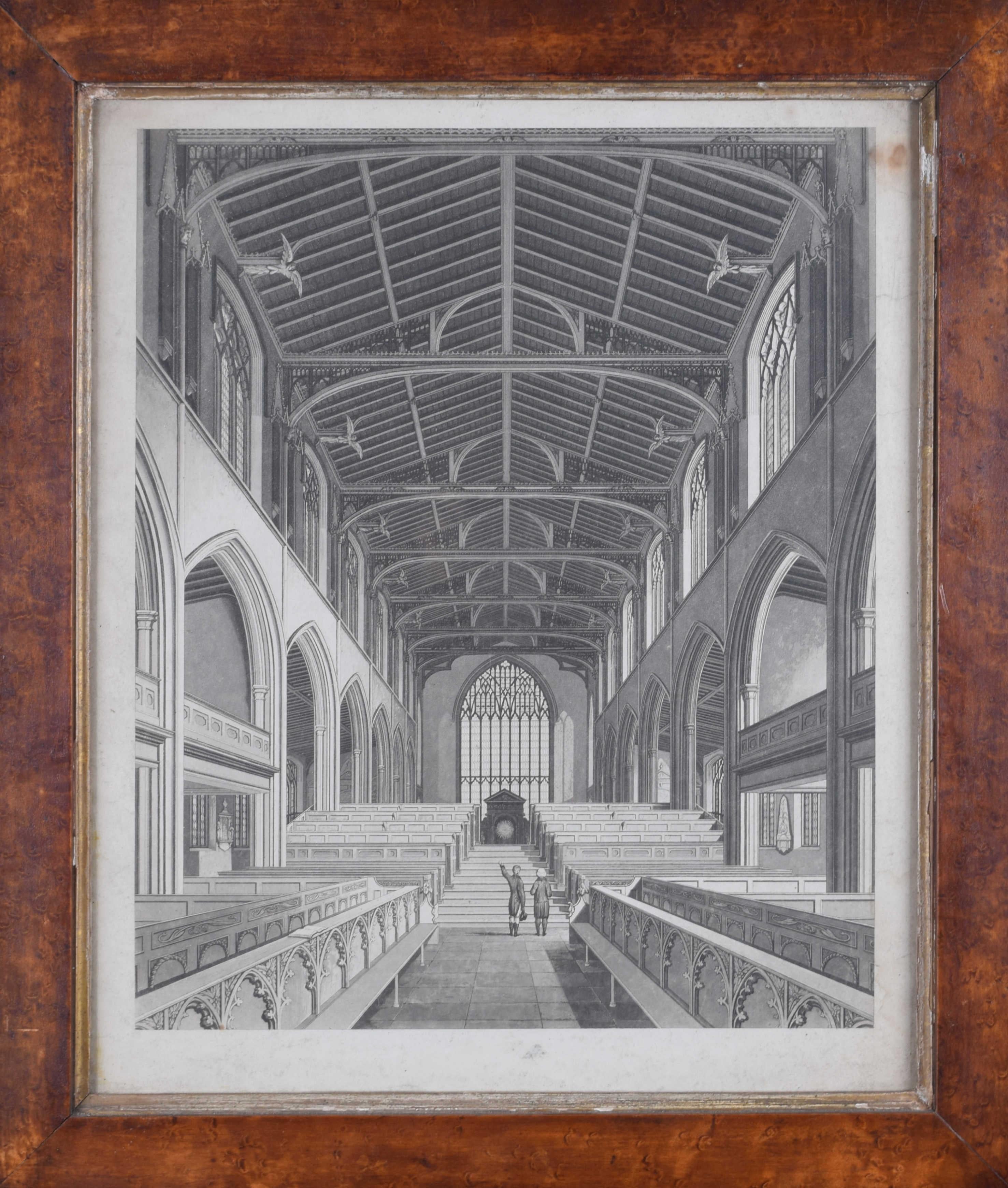 Gravure d'intérieur de chapelle, vers 1800, anglaise/britannique - Réalisme Print par Unknown
