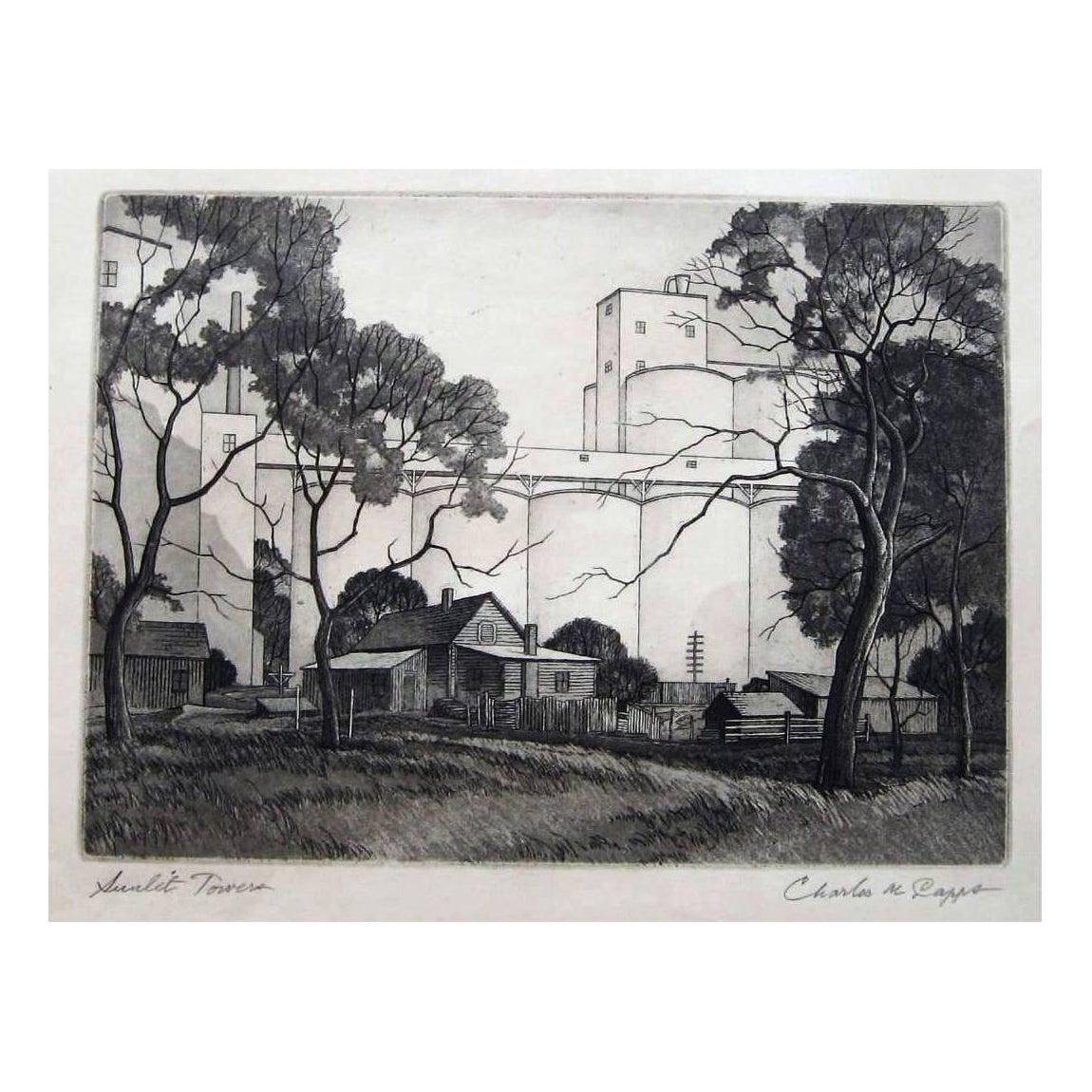 Unknown Landscape Print - Charles Capps Original Pencil Signed Etching, 1954, "Sunlit Towers"
