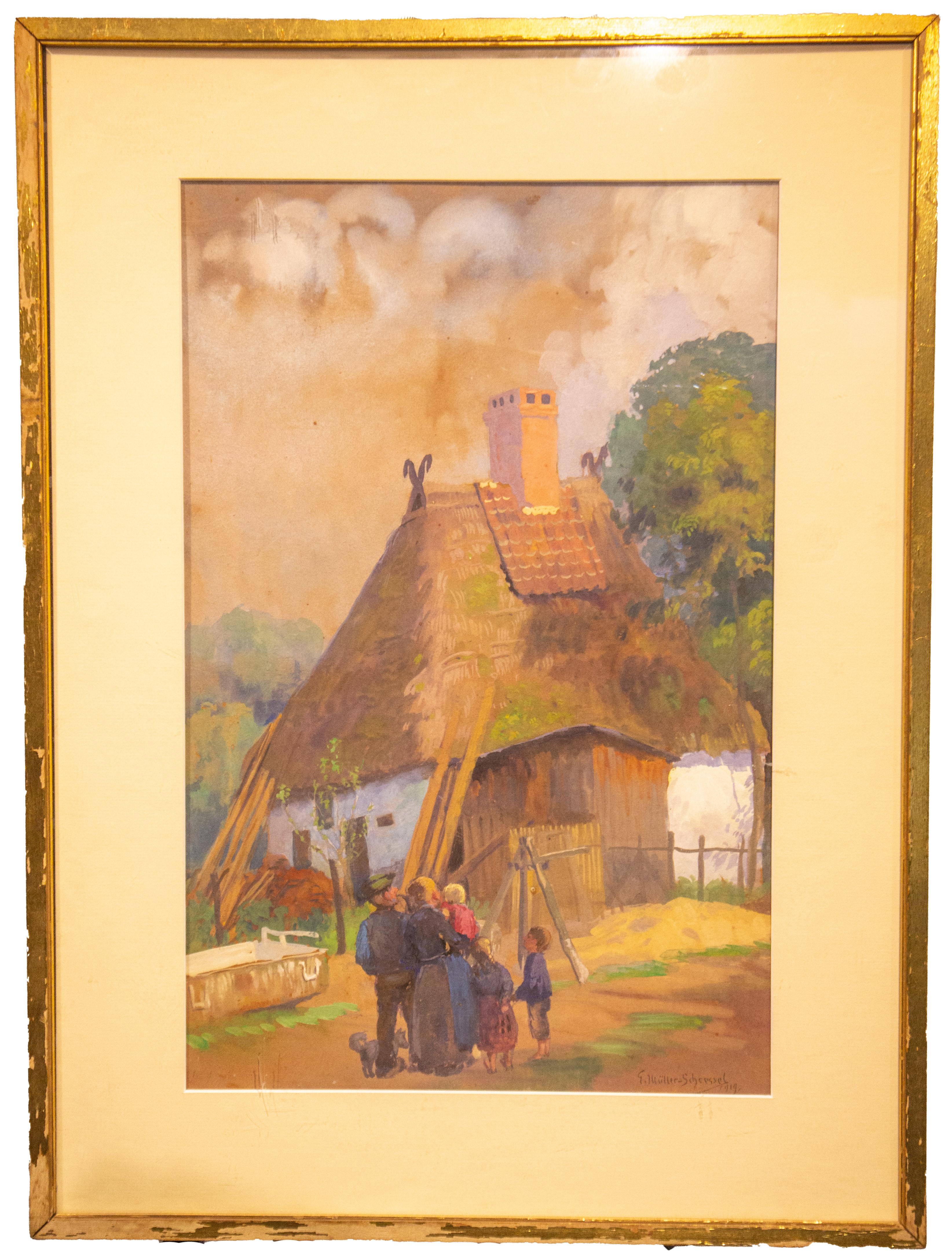 Charming German Country Side Home on Canvas - Ernst Müller-Scheessel Signed 1919 - Print by Unknown