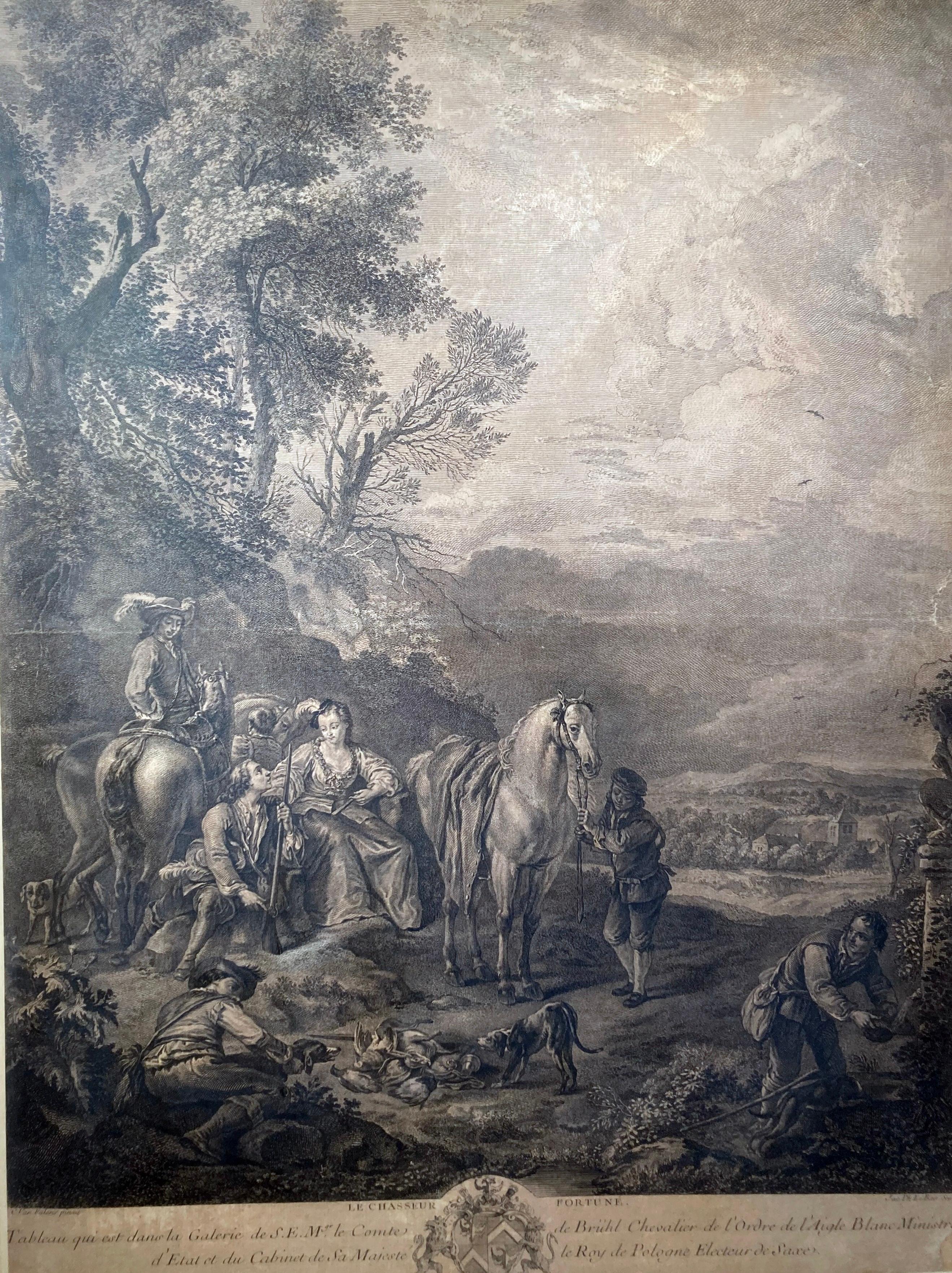 Chasseur Fortune, Gravur, Van Falenz / Le Bas, Jäger, Dekoratives Stück  (Rokoko), Print, von Unknown