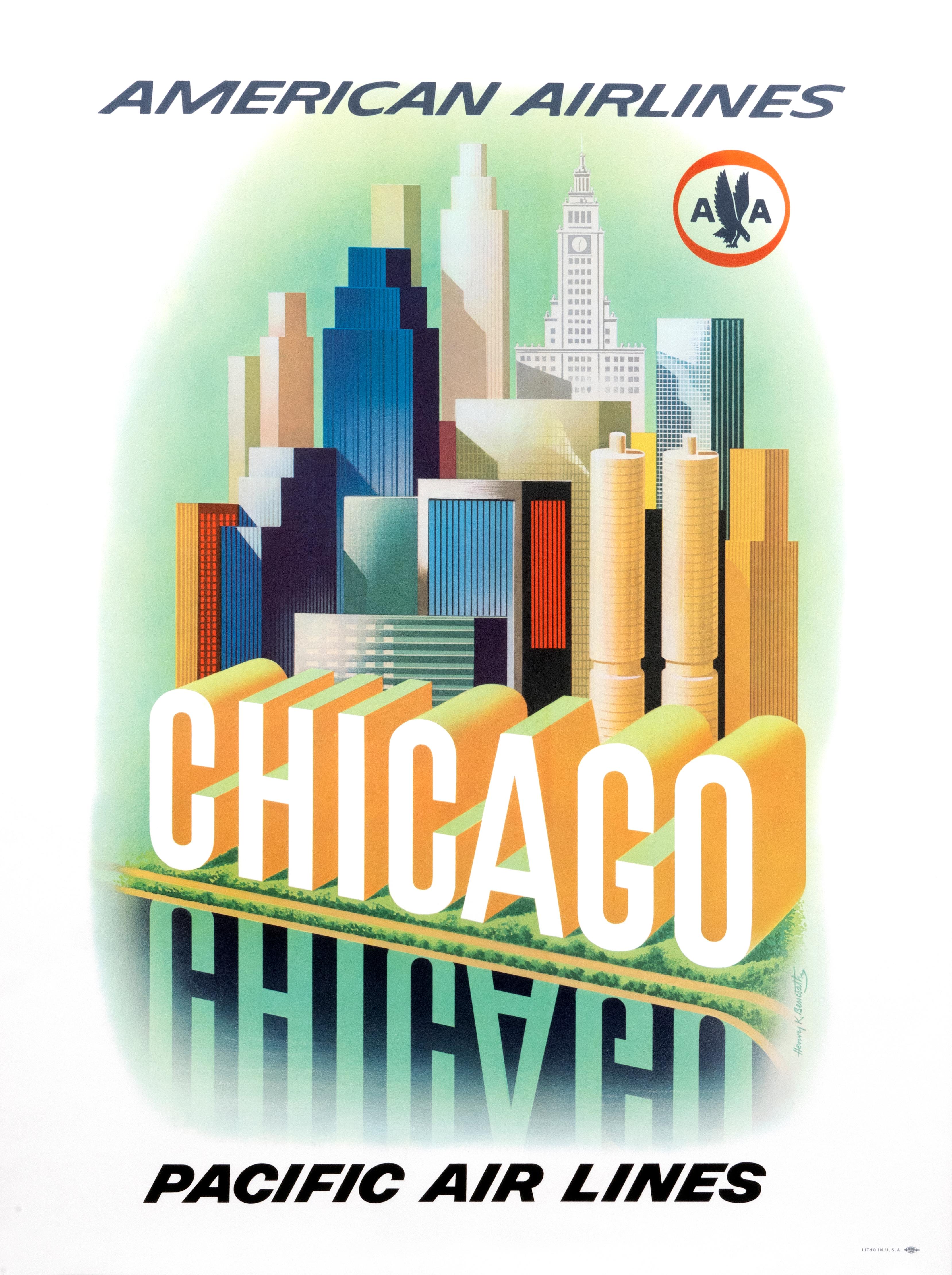 "Chicago, " American Airlines and Pacific Original Mid-Century Travel Poster  - Print by Unknown