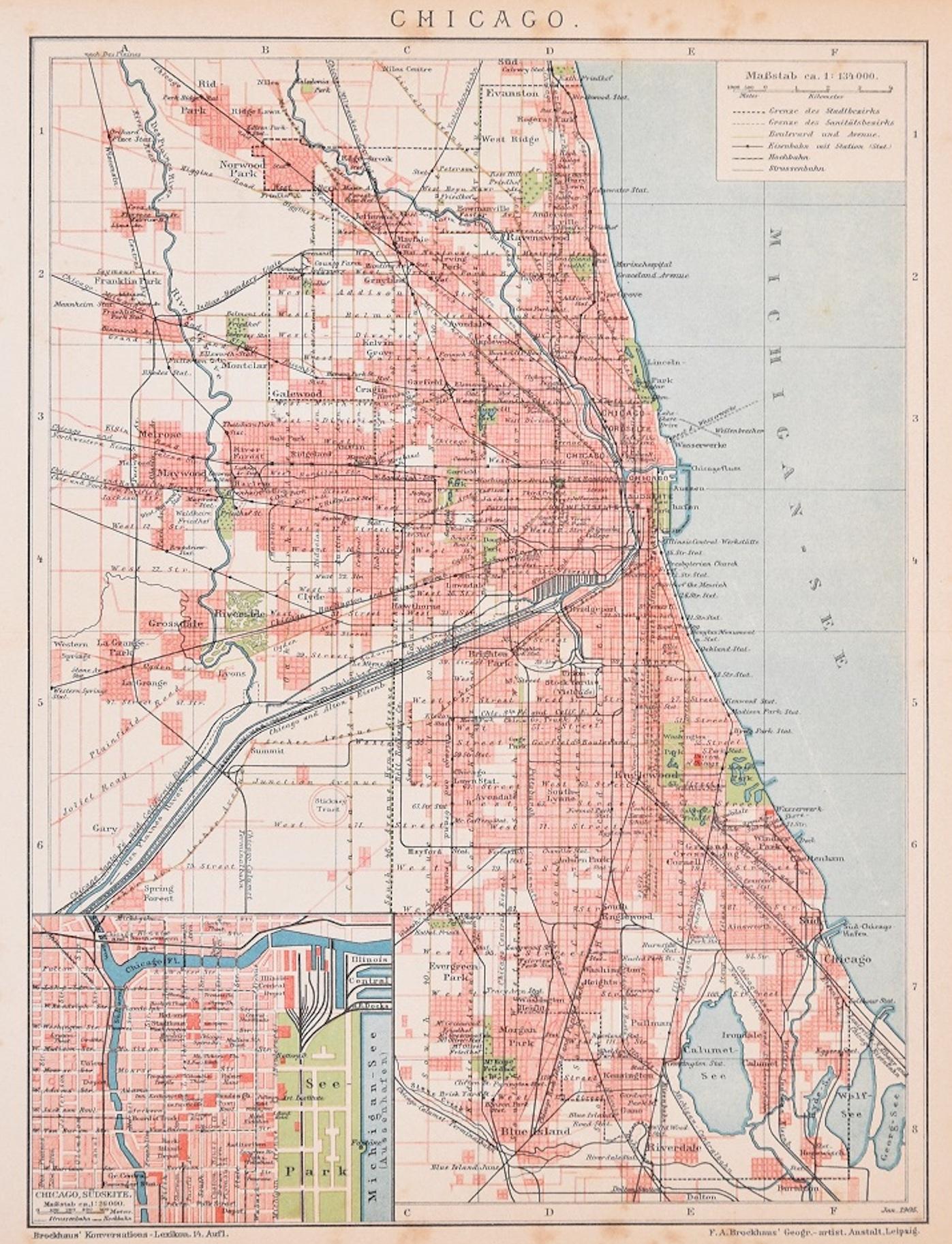 Unknown Landscape Print – Chicago – Lithographie auf Papier aus der „Brockhaus Encyclopedia – 1905