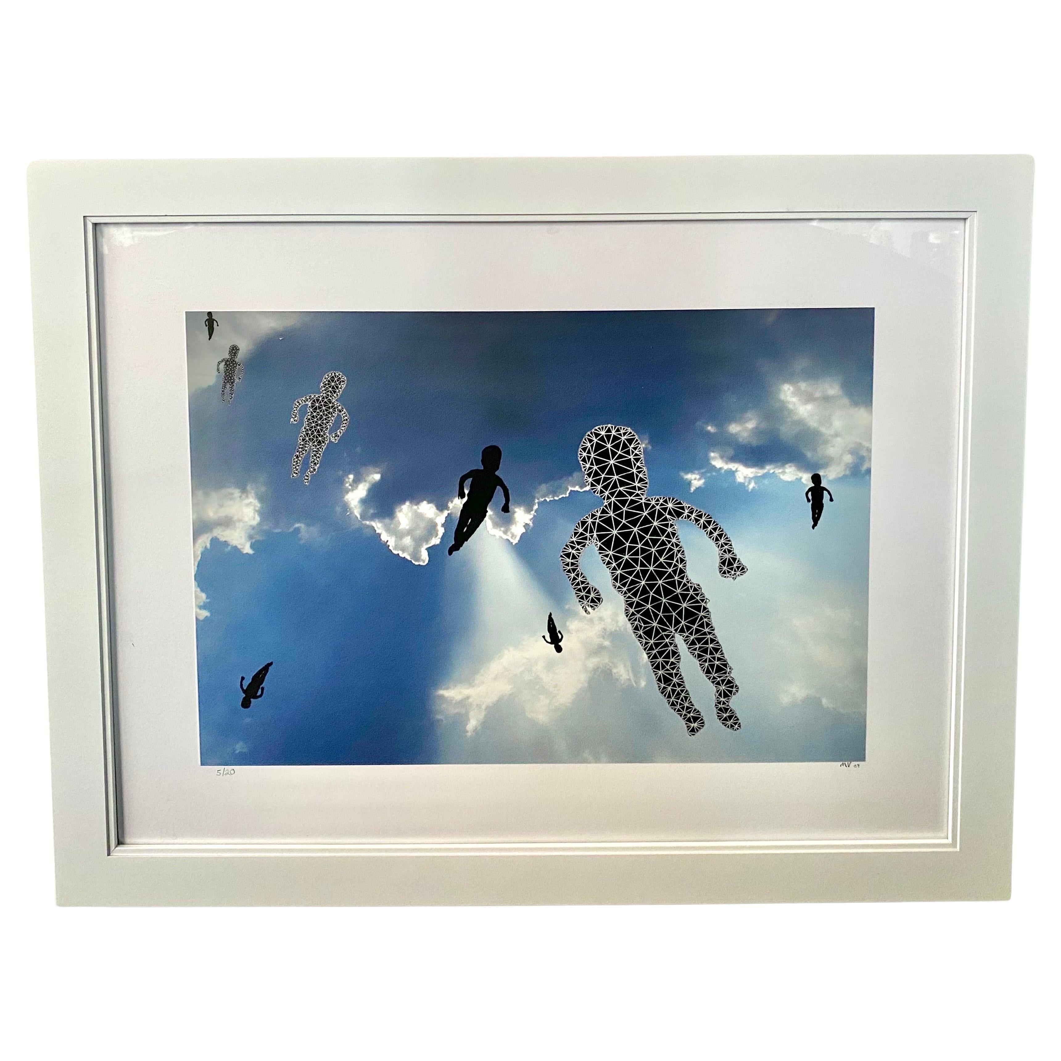A digital photography print entitled "Children from heaven" Numbered 1/20 by the contemporary artist Marc Vandermeer ( American, 1950's ). Featuring shapes of children floating in a blue gray crisp sky. The art work is an artistic and noble reminder