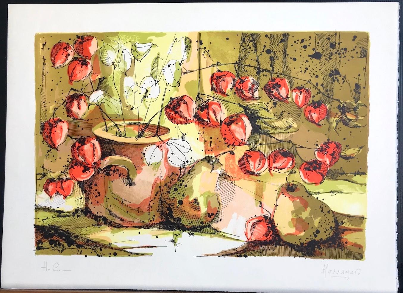 Chinese Lantern Flowers with Pears, Signed Lithograph, Sunlit Window Still Life - Contemporary Print by Unknown