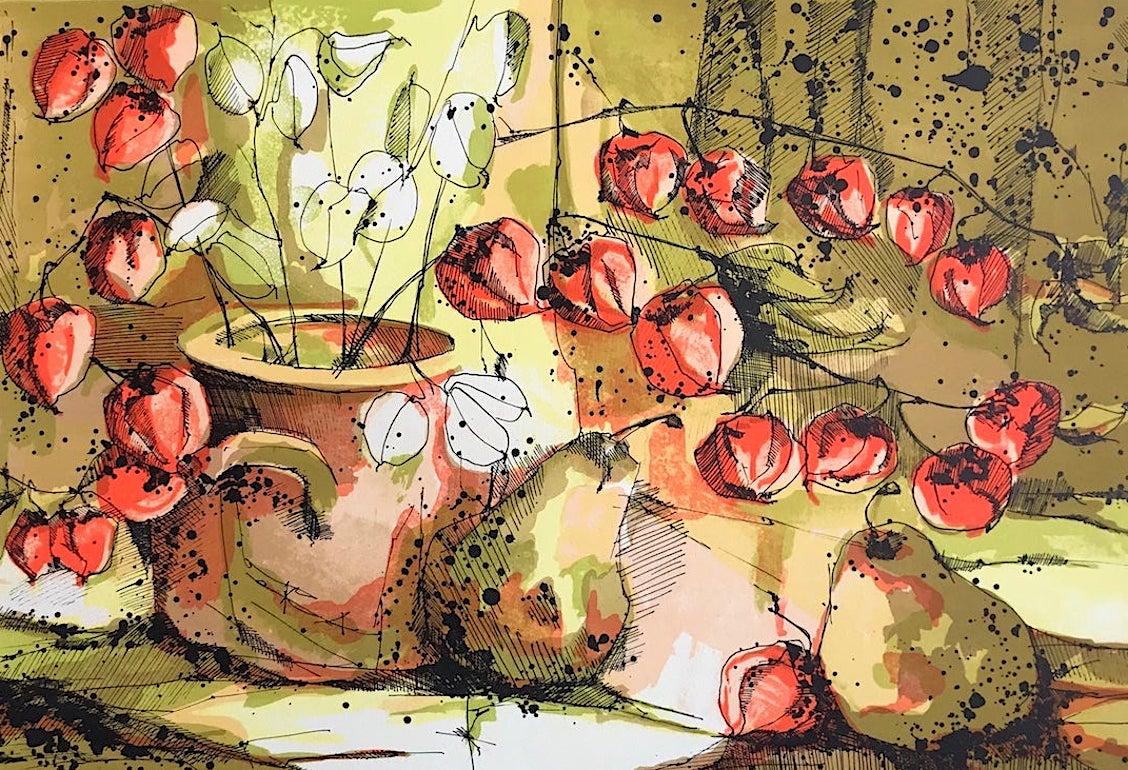 Chinesische Laternenblumen mit Birnen, signierte Lithographie, sonnenbeschienenes Fensterstillleben (Zeitgenössisch), Print, von Unknown