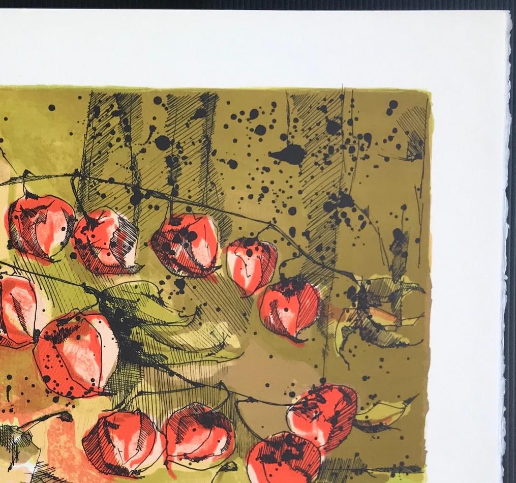 Flores de farolillo chino con peras es una litografía a la piedra magníficamente ejecutada, dibujada a mano e impresa con técnicas tradicionales de grabado a mano en papel de archivo 100% libre de ácido. Flores de farolillo chino con peras es un