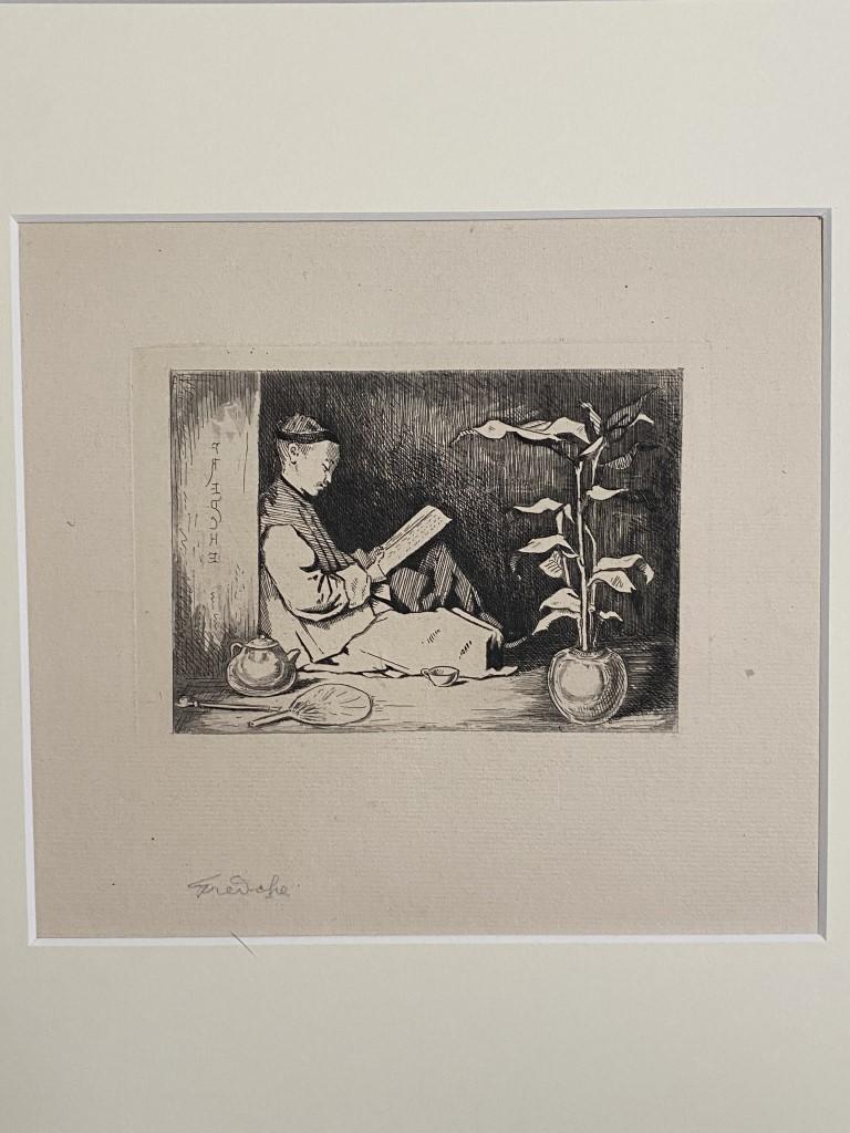 Unknown Figurative Print - Chinese Reading - Original Etching - 19th Century
