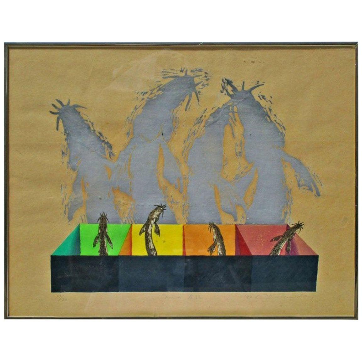 Midcentury colorful representation of 4 coy fish by Chinese artist (signed and dated). Painted on silk. Framed and exhibited in Honk Kong. Numbered 13/30. 