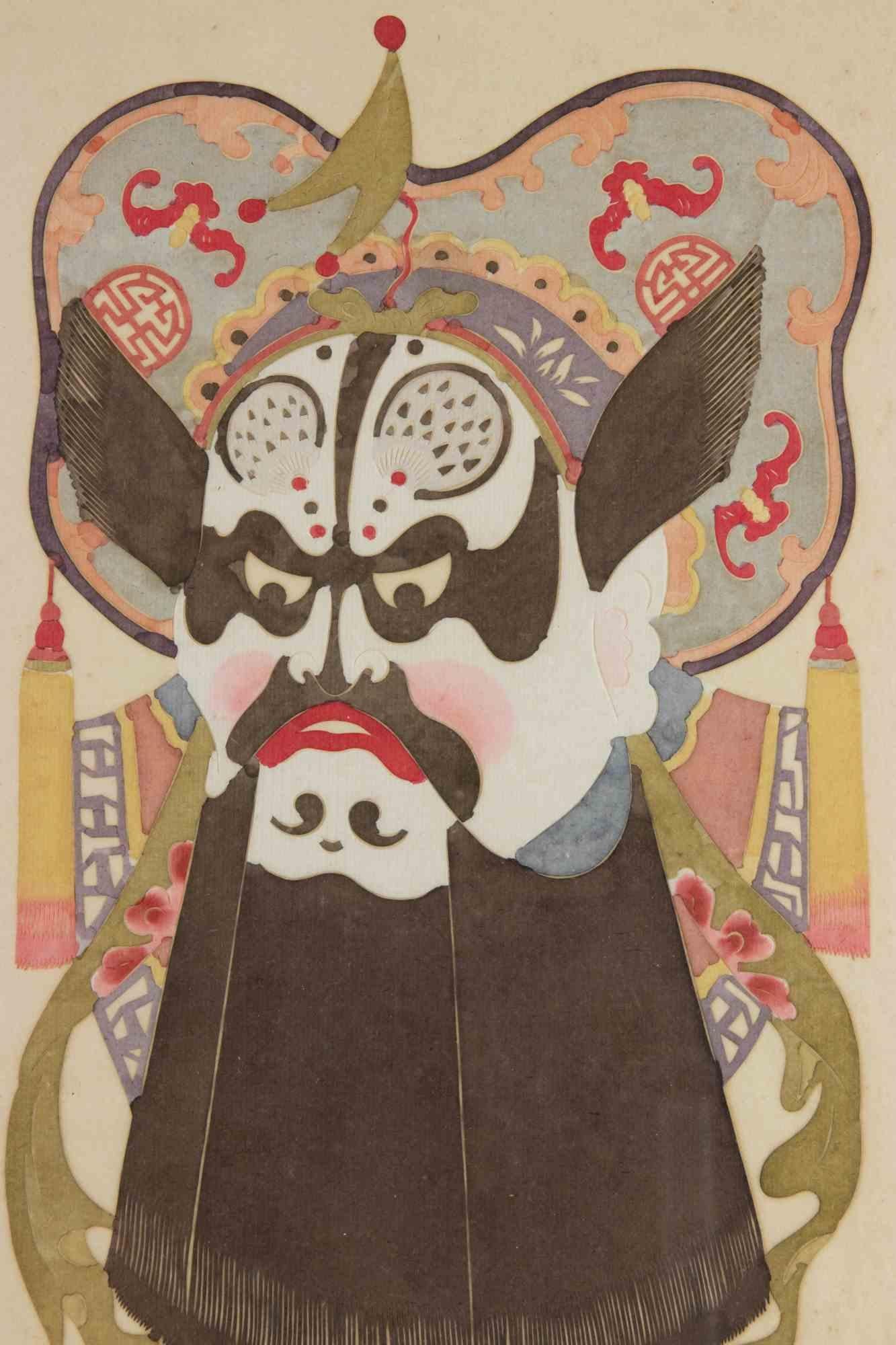 Chinese Theatrical Mask - Woodcut - Mid-20th Century - Print by Unknown