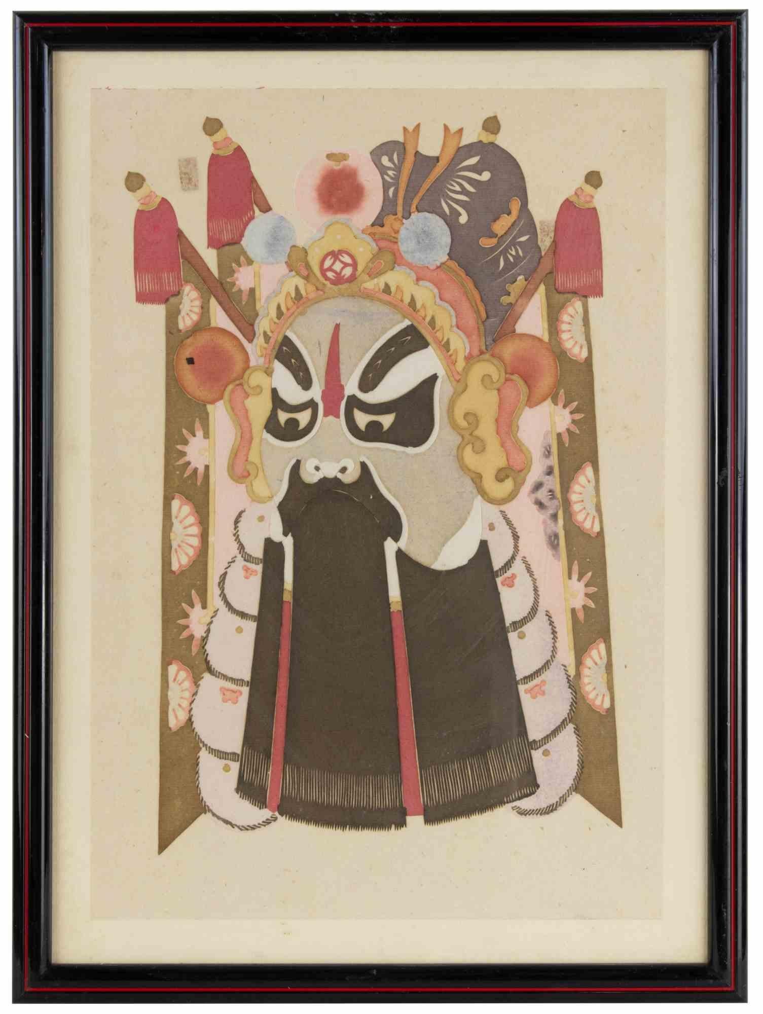 Figurative Print di Unknown - Maschera teatrale cinese - xilografia - metà del XX secolo