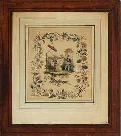 Antique "Chinoiserie Garden Scene 19th Century Framed Print"