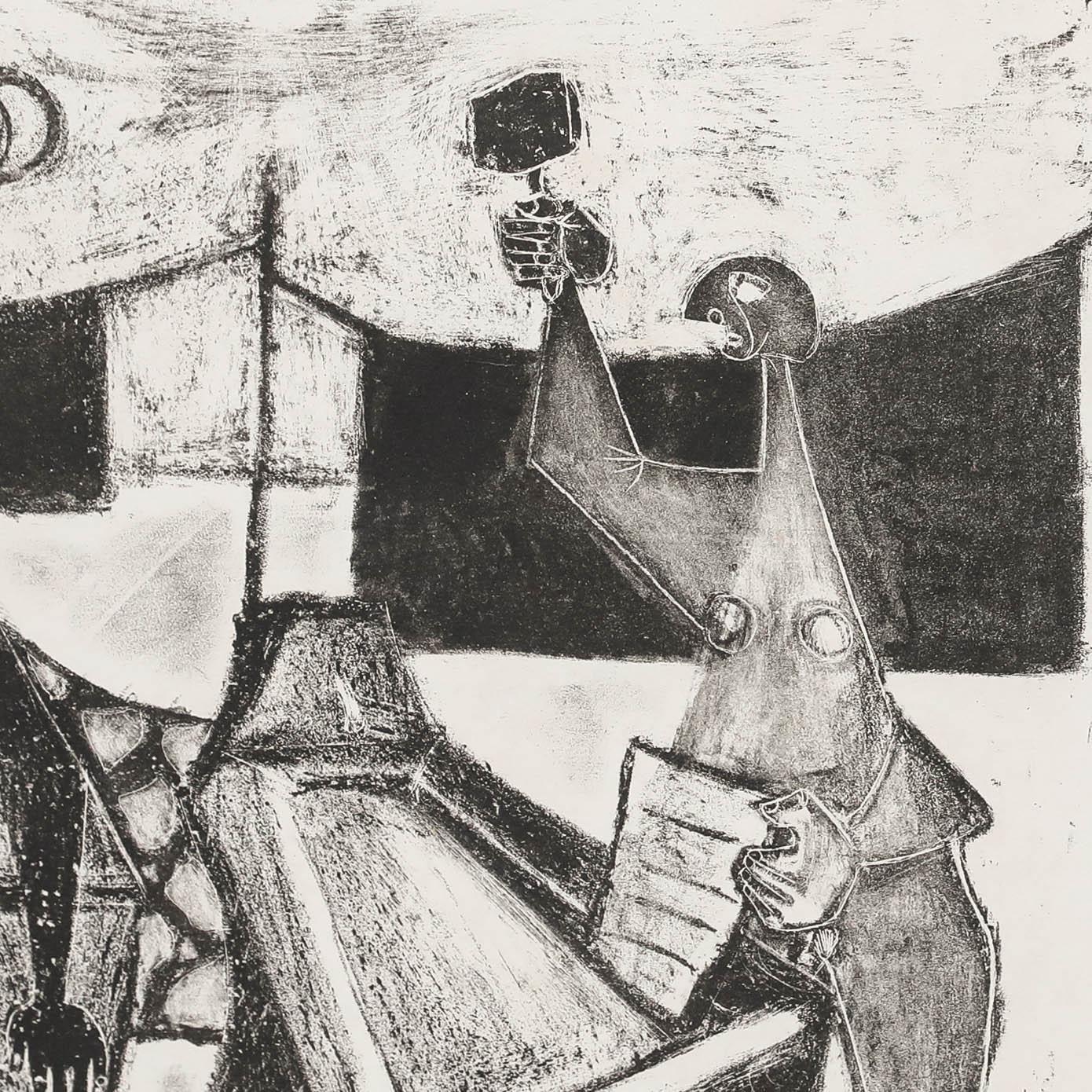 A delightful genre scene by the artist Christian Julia (1921-1991) depicting craftspeople at work. Signed in plate to the lower right. Well presented in a slim wooden frame. On paper. Image size: 27.5 x 35.5cm.