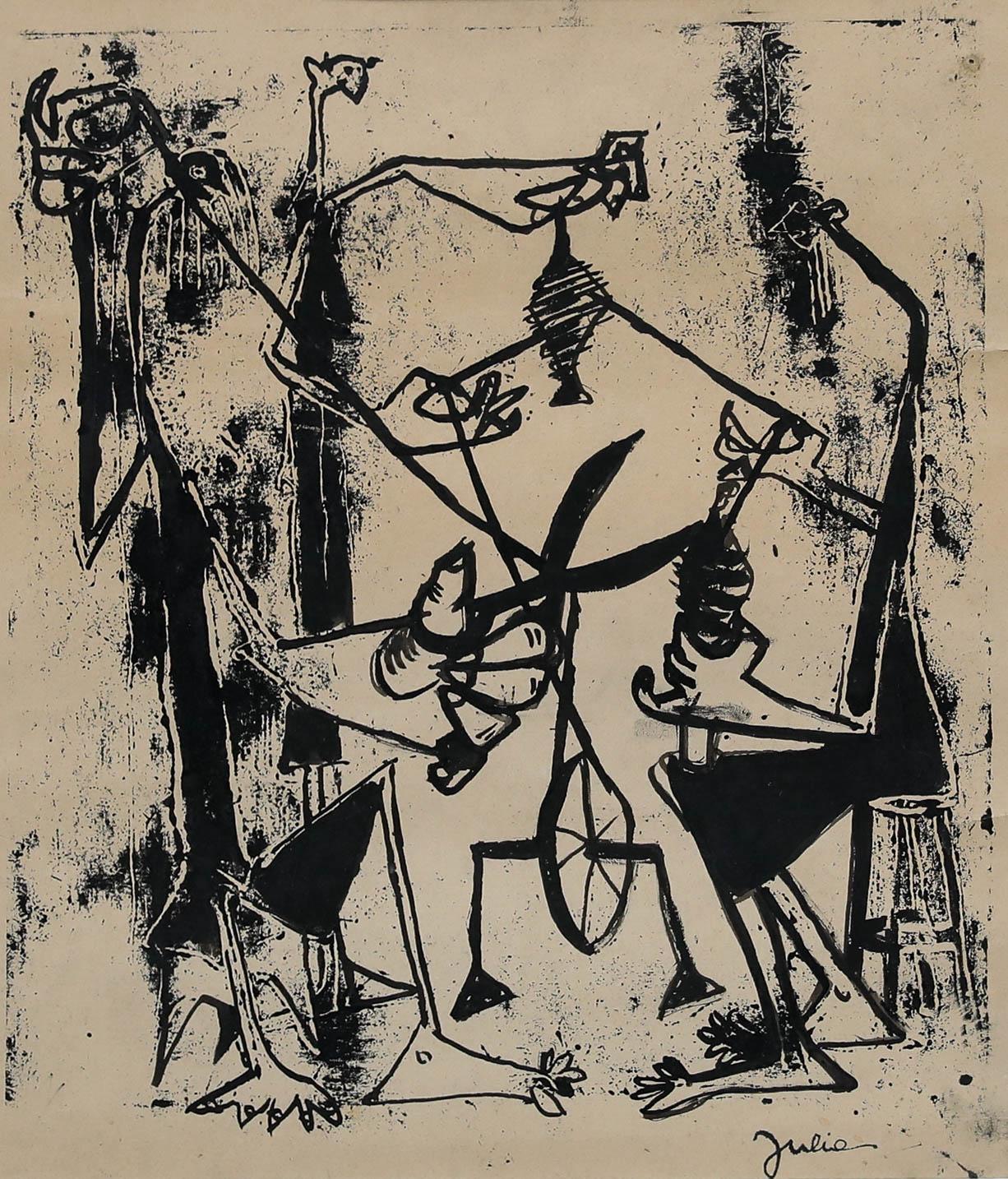 Christian Julia (1921-1991) - Mid 20th Century Linoprint, The Spinners - Print by Unknown