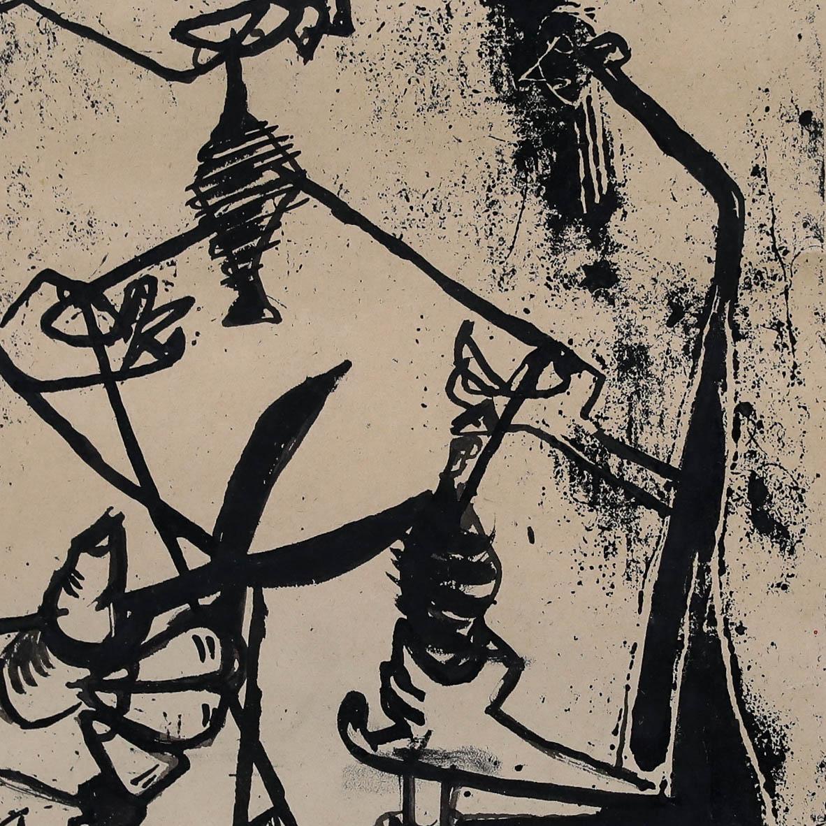 A delightful abstract lino print with India ink by the artist Christian Julia (1921-1991) depicting figures spinning yarn. Signed to the lower right. Well presented behind glass in a wooden frame. On paper. Image size: 37.5 x 32.5cm.