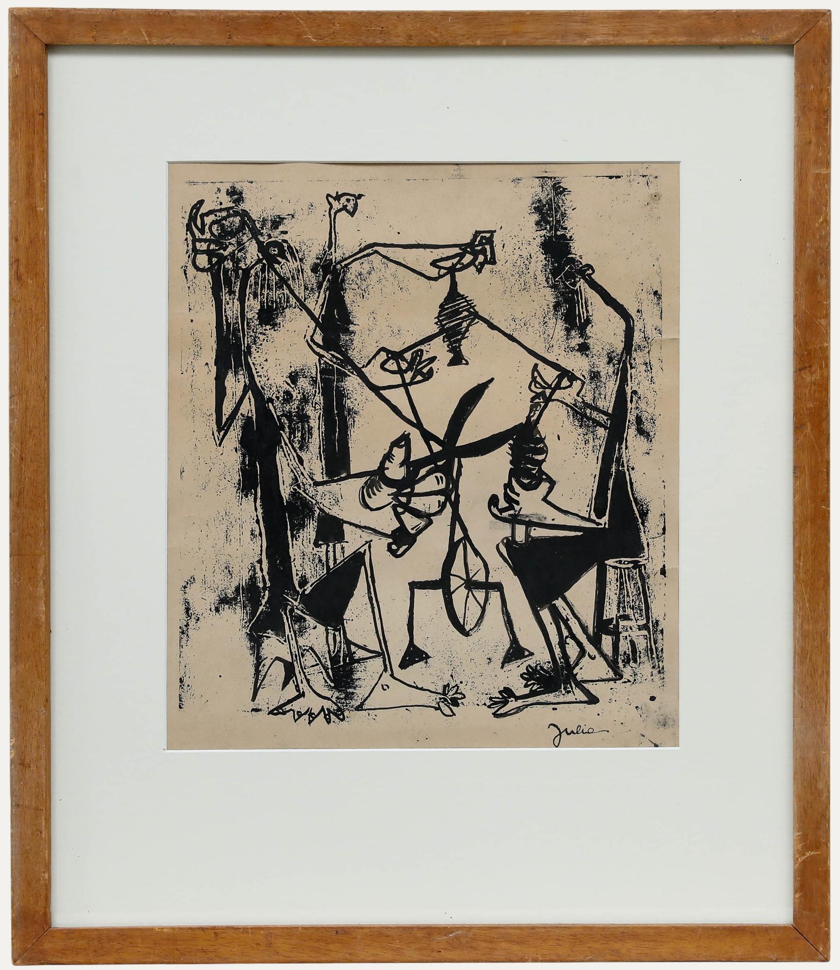 Unknown Figurative Print - Christian Julia (1921-1991) - Mid 20th Century Linoprint, The Spinners