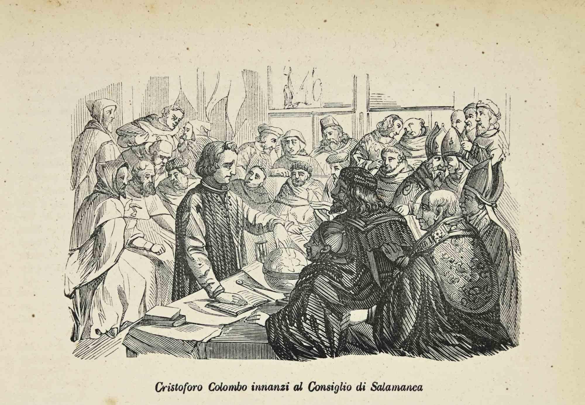 Unknown Figurative Print – Christopher Columbus vor dem Rat von Salamanca- Lithographie - 1862